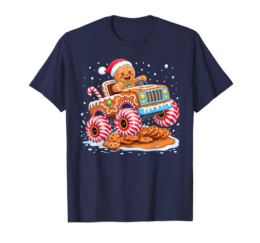 Funny Gingerbread Man Christmas Baking Monster Truck Boy Kid T-Shirt