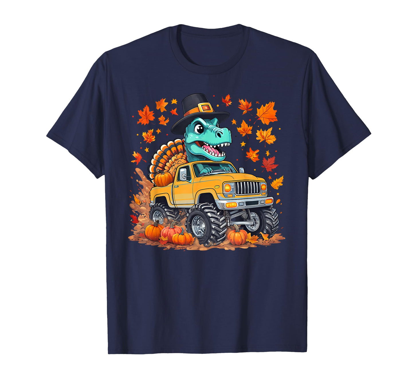 Dinosaur Riding Monster Truck Thanksgiving Kids Boys Toddler T-Shirt