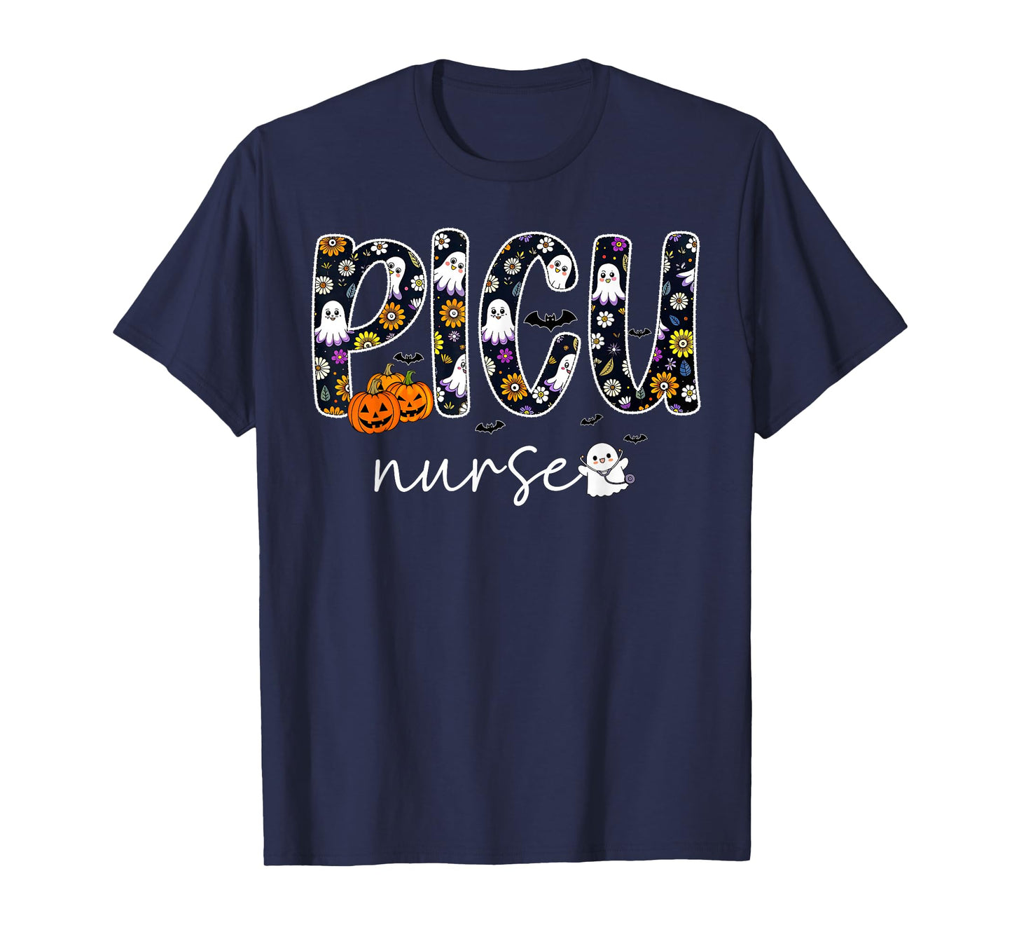 PICU Nurse Pumpkin Ghost Halloween Pediatric ICU RN T-Shirt
