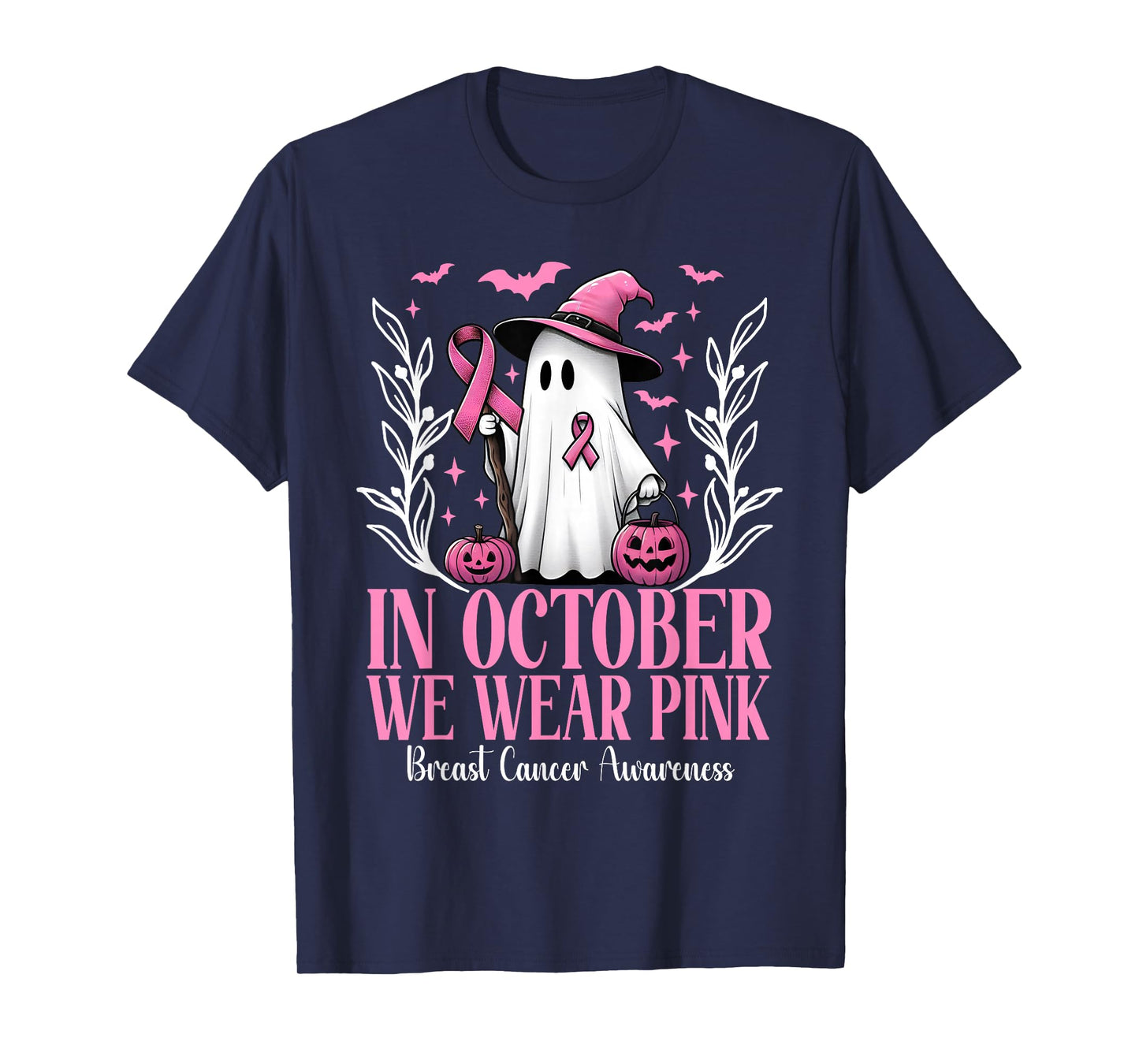 In October We Wear Pink Breast Cancer Witch Ghost Halloween T-Shirt