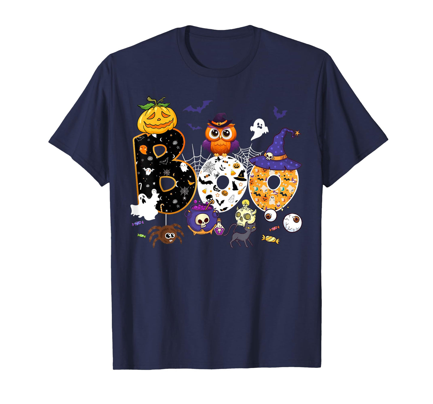 Boo Creepy Owl Pumpkin Ghost Halloween Men Women Kids T-Shirt