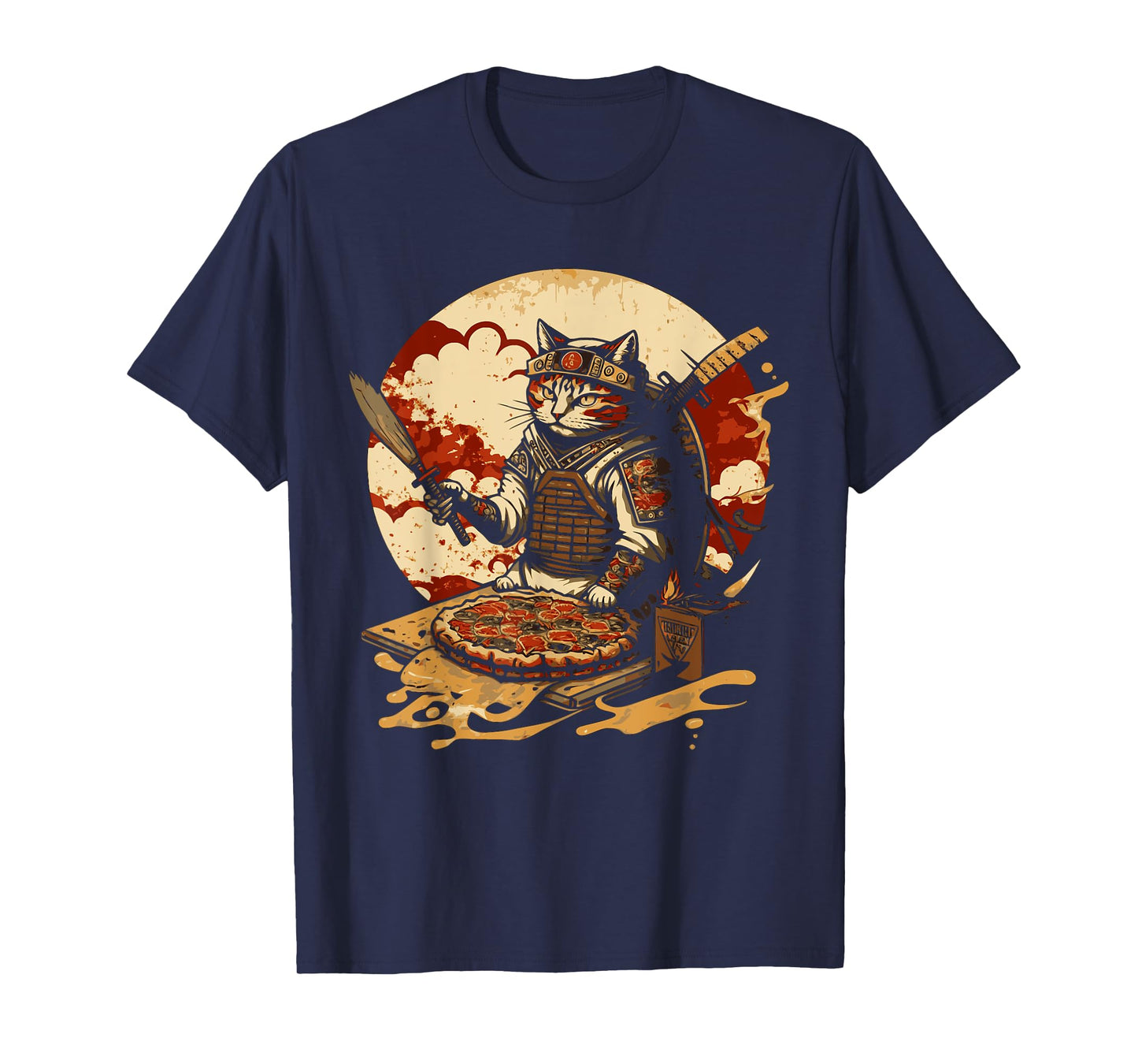 Japanese Sunset Samurai Cat Eat Pizza Anime Ninja Kitten T-Shirt for Men Women