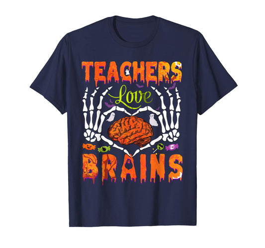 Halloween Heart Skeleton Teachers Love Brains Men Women Kids T-Shirt
