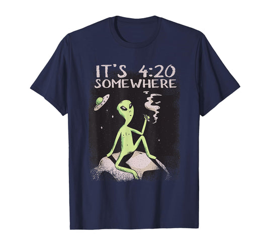 Funny Its 4:20 Somewhere Cosmic Being Smoking UFO Alien T-Shirt