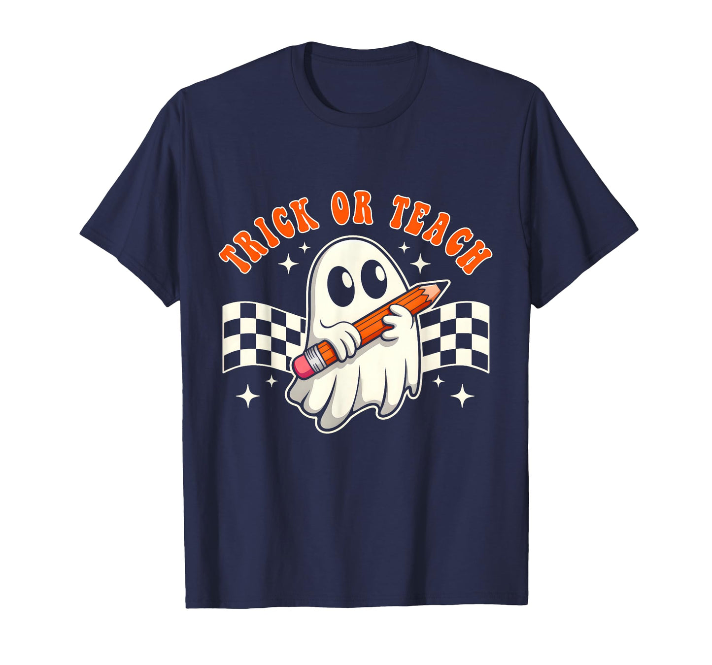 Trick Or Teach Groovy Retro Ghost Halloween Teacher Kids T-Shirt