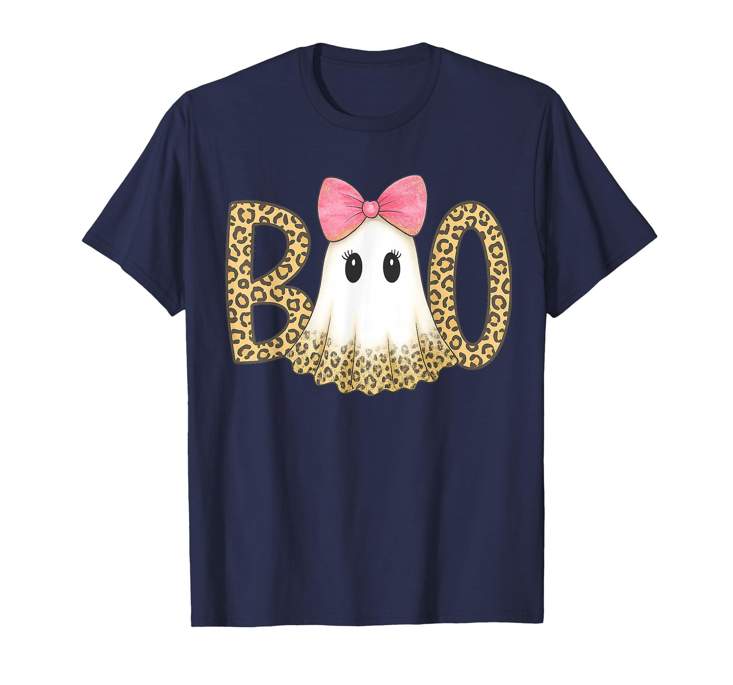 Cute Leopard Print Boo Ghost with Pink Bow Halloween T-Shirt