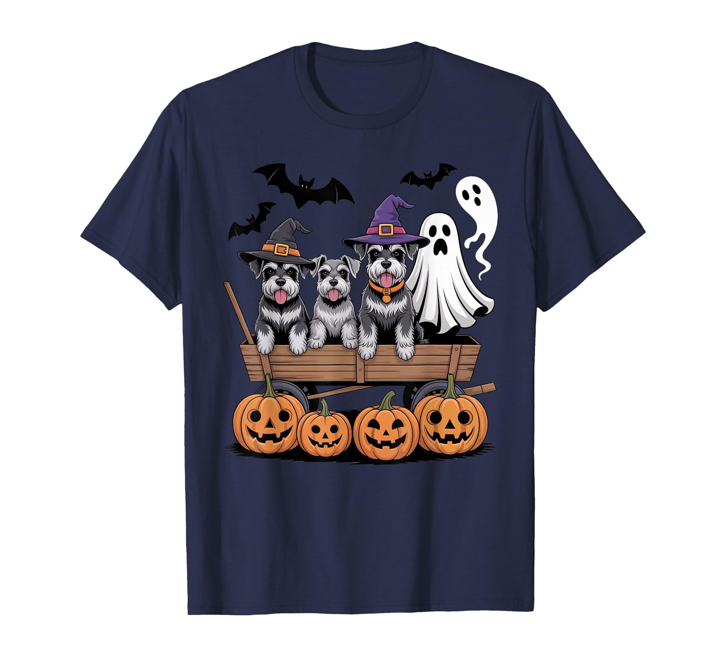 Schnauzer Halloween Wagon Ghost Witch Hats Bats Pumpkins T-Shirt