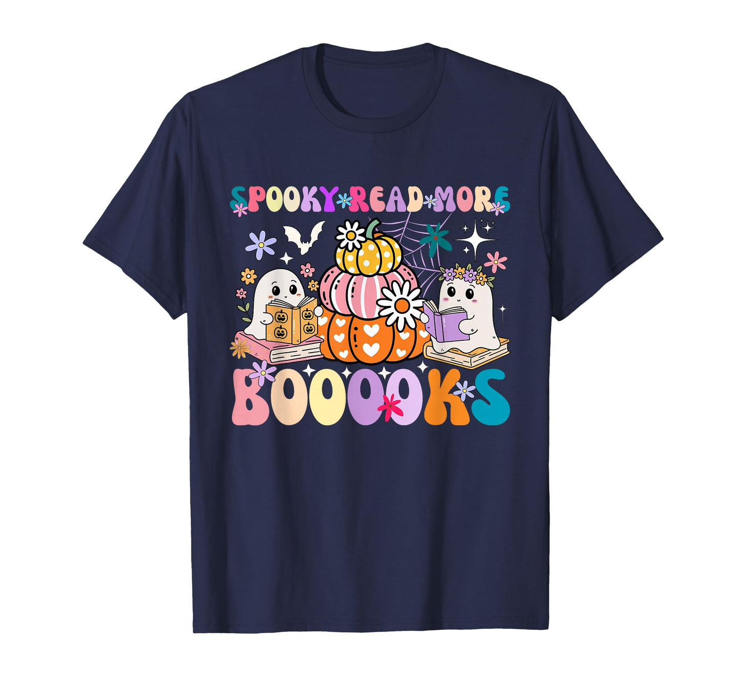 Spooky Read More Boooooks Cute Ghost Pumpkin Reading Groovy T-Shirt