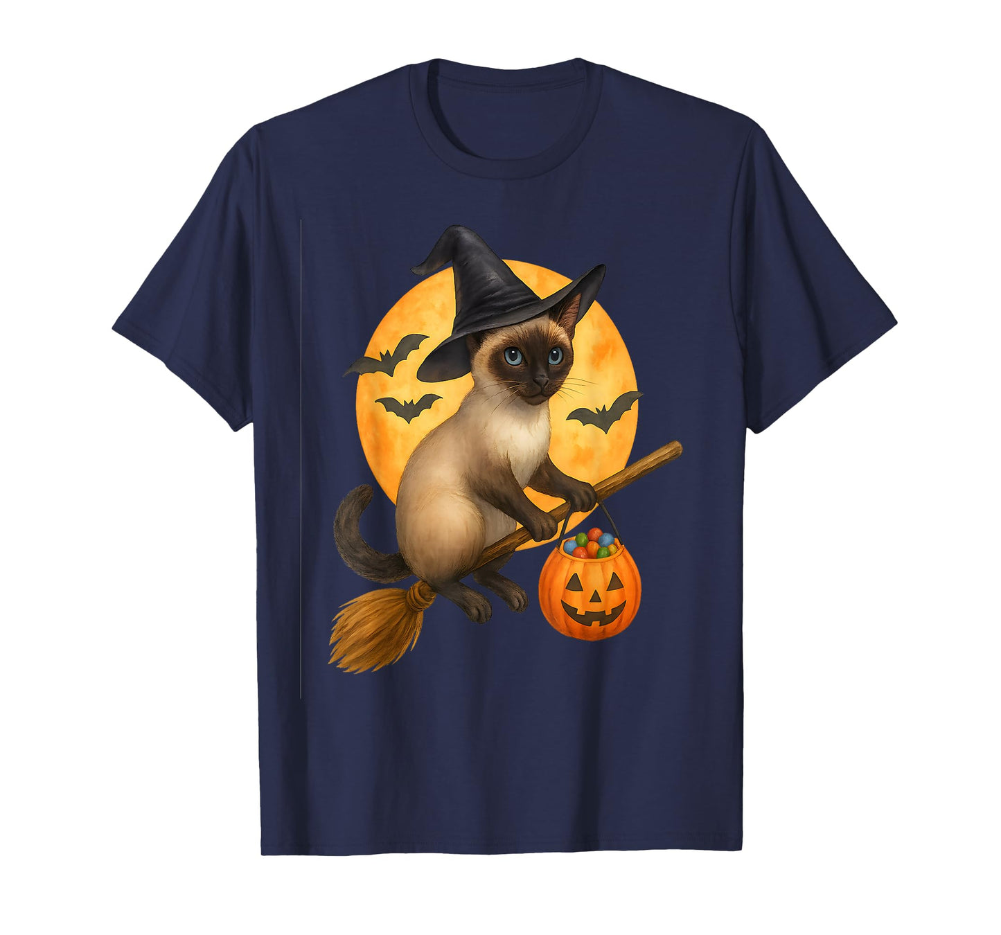 Cute Halloween Siamese cat Witch Flying on Broom with Candy T-Shirt