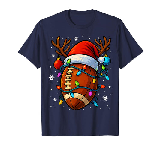 Christmas Football Santa Hat Lights Xmas Pajamas Men Boys T-Shirt