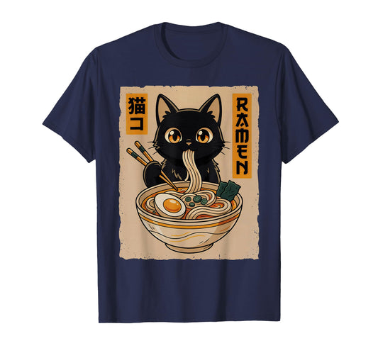 Retro Anime Kawaii Black Cat Eating Ramen Noodles Bowl Soup T-Shirt