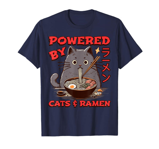 Powered by Cats and Ramen Funny Cat & Kittens Japanese Food T-Shirt