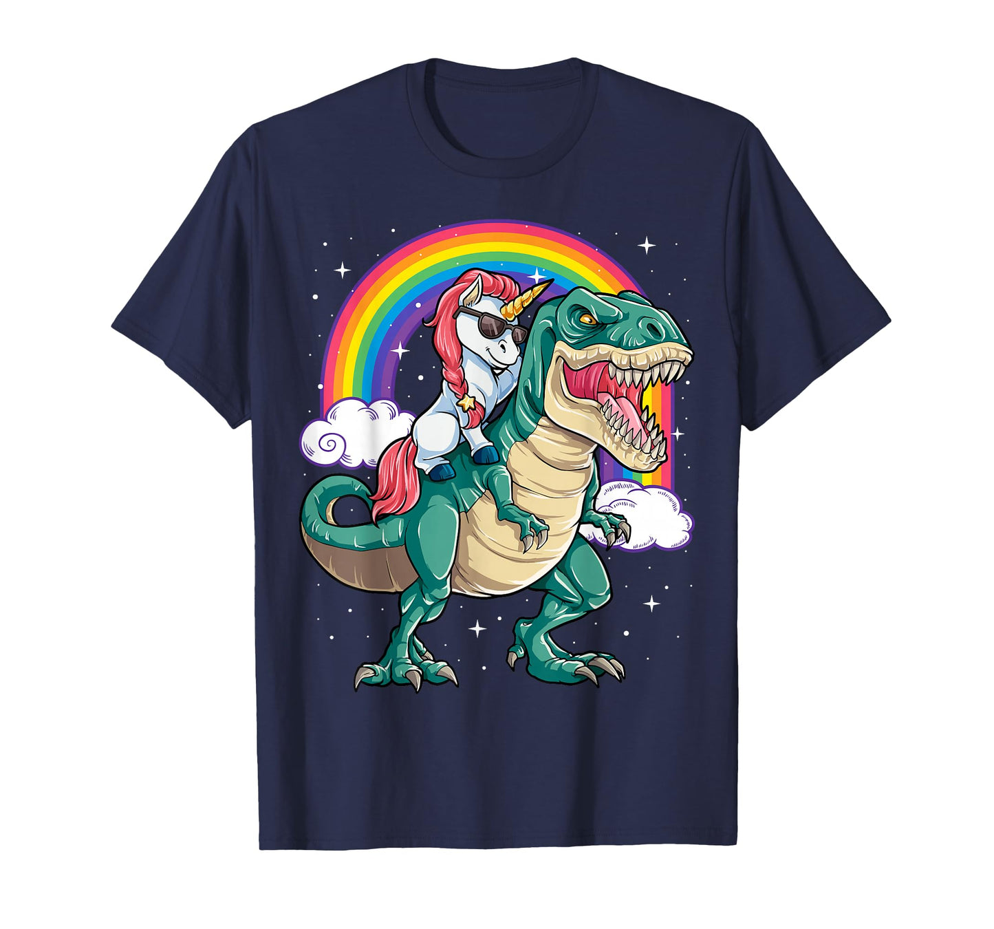 Unicorn Riding T rex Dinosaur Boys Girls Men Women Rainbow T-Shirt Small