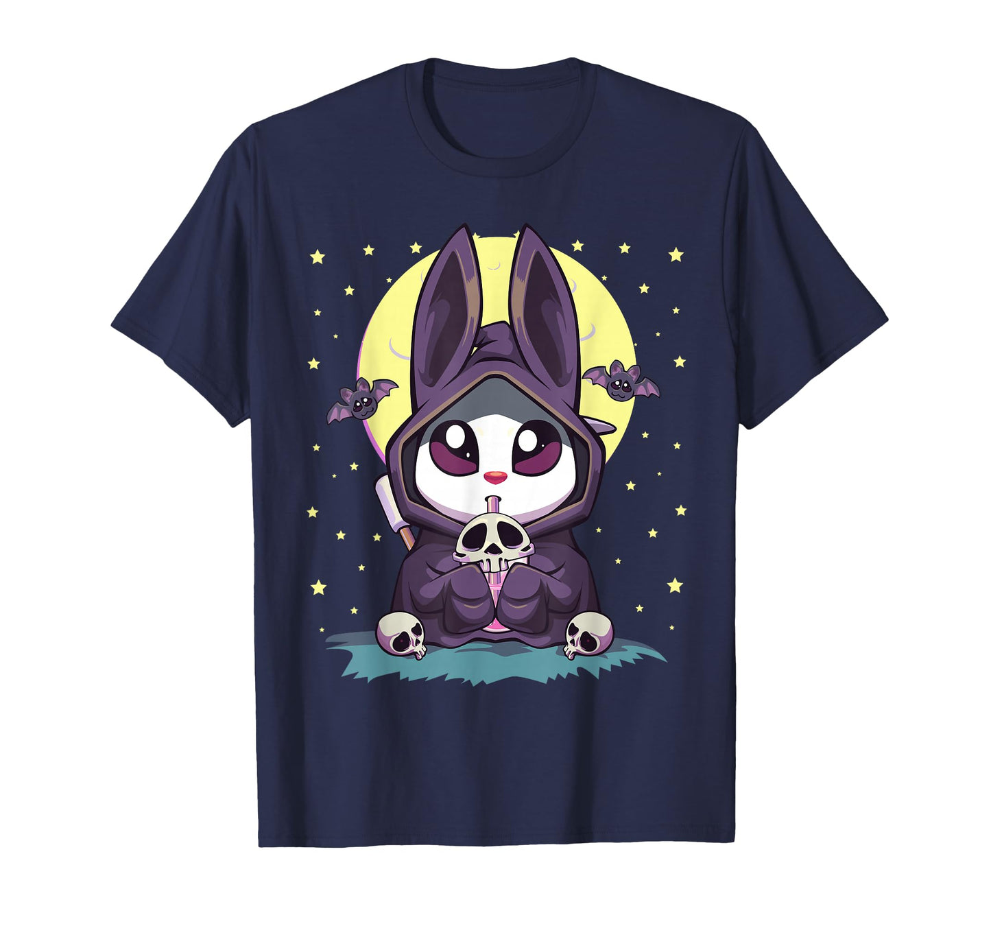 Pastel Goth Kawaii Anime Moon Bunny Reaper With Boba Tea T-Shirt