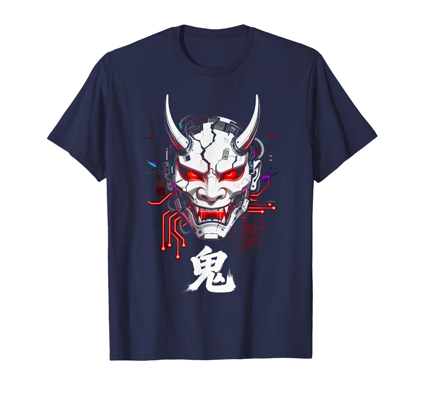 Cyberpunk Oni Mask Glitch Japanese Kanji Sci-Fi T-Shirt