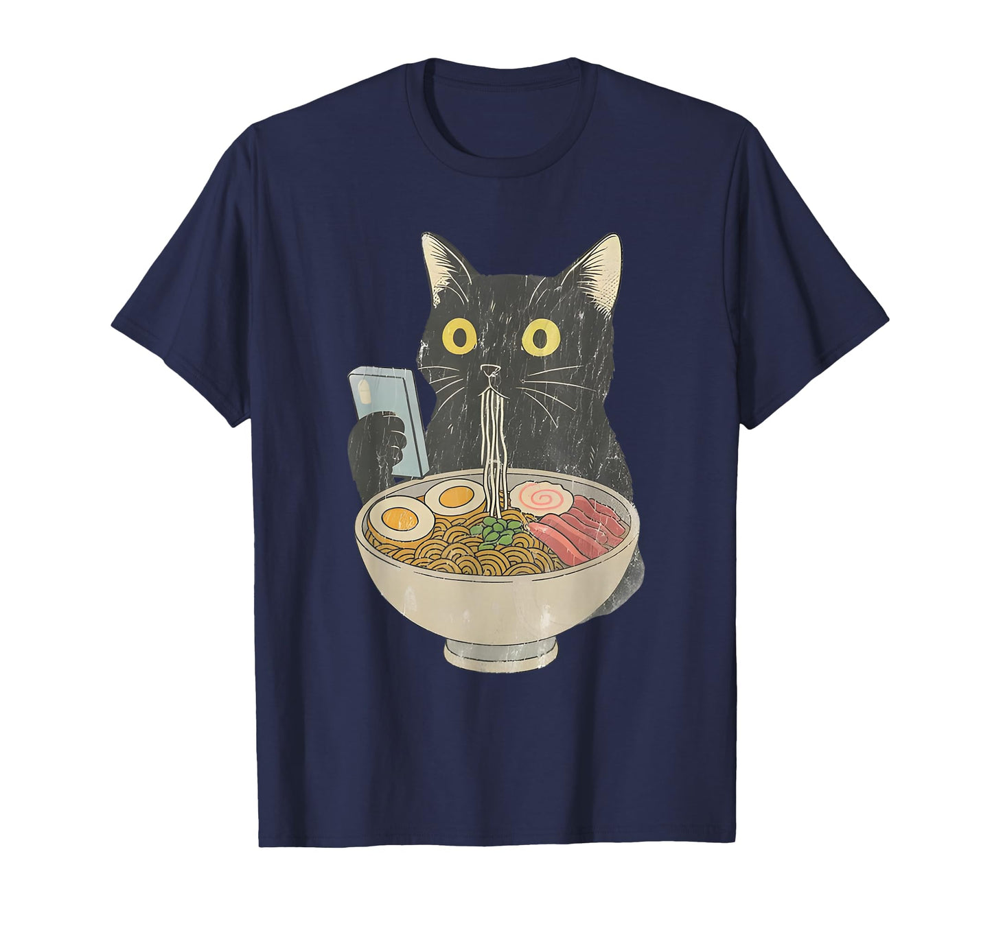 Kawaii Cat Eating Ramen Noodles with Phone Funny Anime Cats T-Shirt