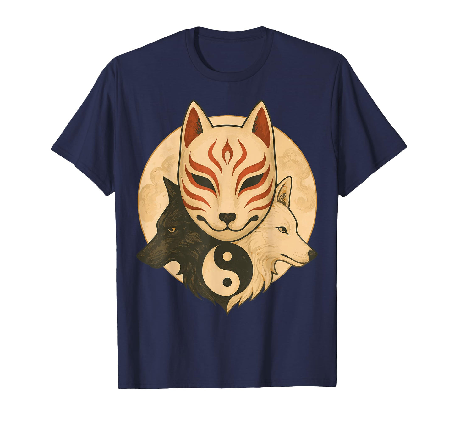 Kitsune Mask Yin Yang Wolves Balance Spirit Art T-Shirt
