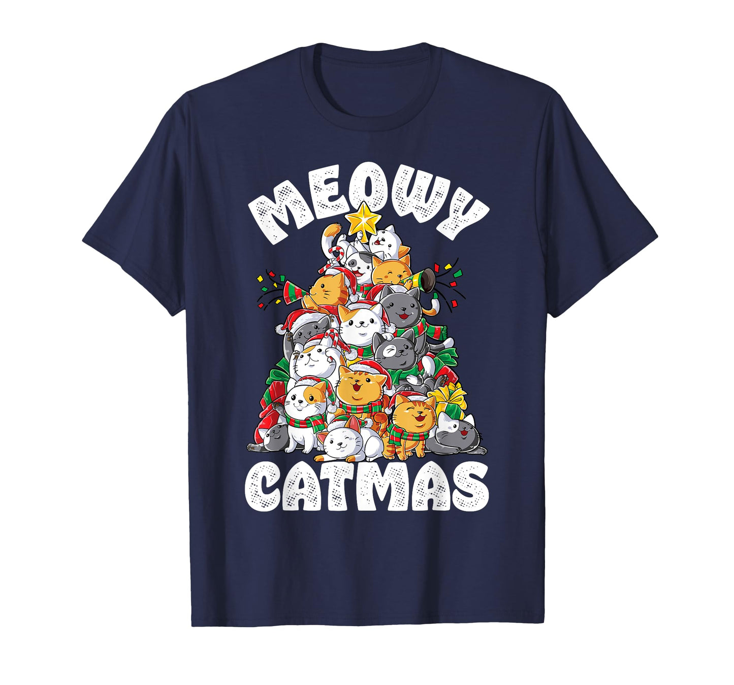 Meowy Catmas Cat Christmas Tree Xmas Girls Boys Funny Santa Short Sleeve T-Shirt