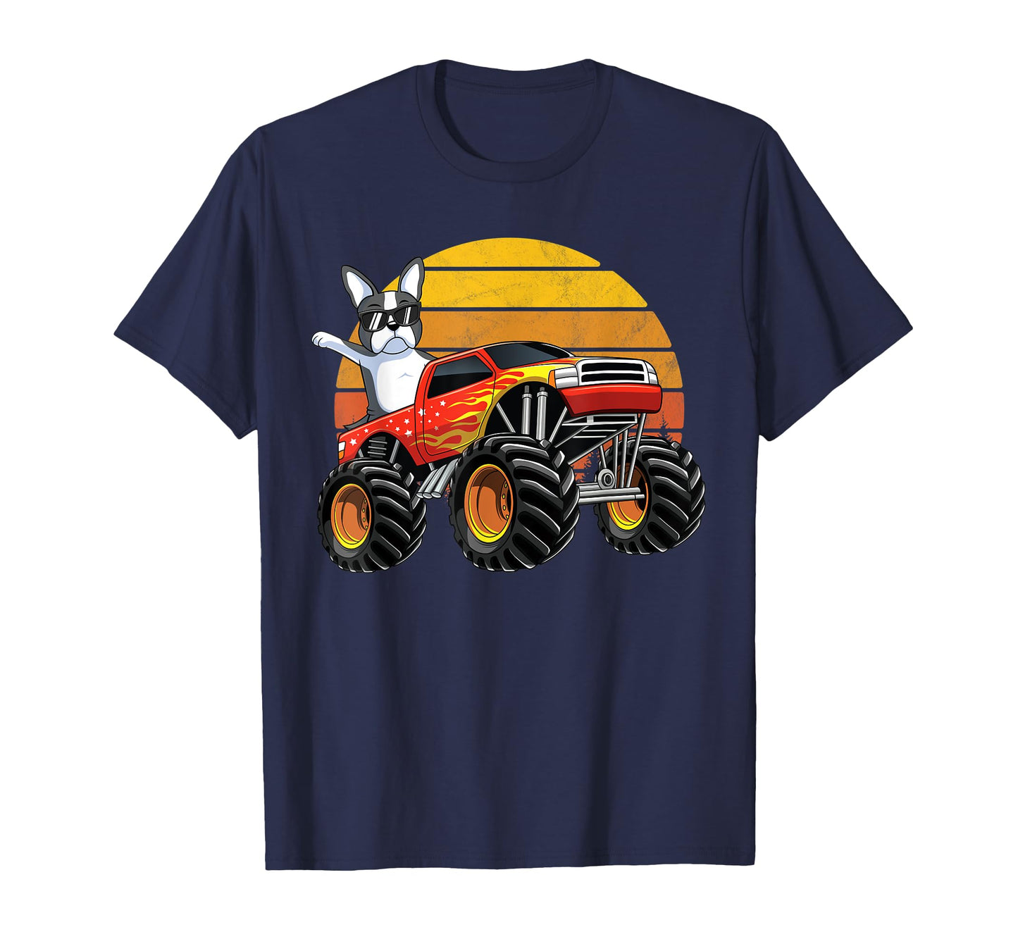 Monster Truck Boston Terrier Dog Retro Sunset Boys Kids Gift T-Shirt
