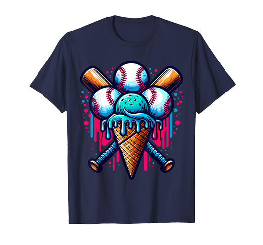 Baseball Ice Cream Watercolor Sports Lover Ice Cream Cone T-Shirt