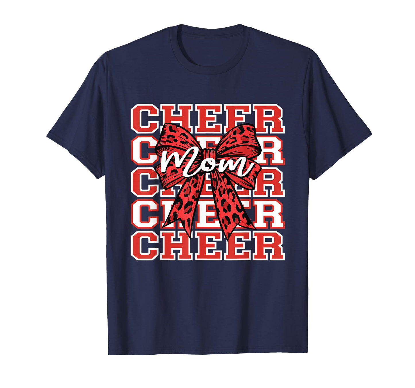 Football Cheer Mom Game Day Red Leopard Bow Cheerleading T-Shirt