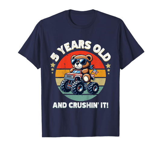 Kids Retro 5th Birthday Monster Truck Teddy Bear Crushin' It Boys T-Shirt