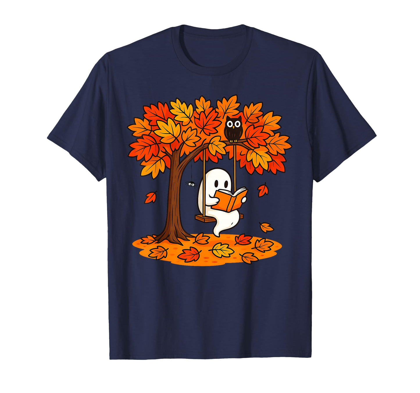 Cute Ghost Reading Book Swinging Autumn & Halloween Readers T-Shirt