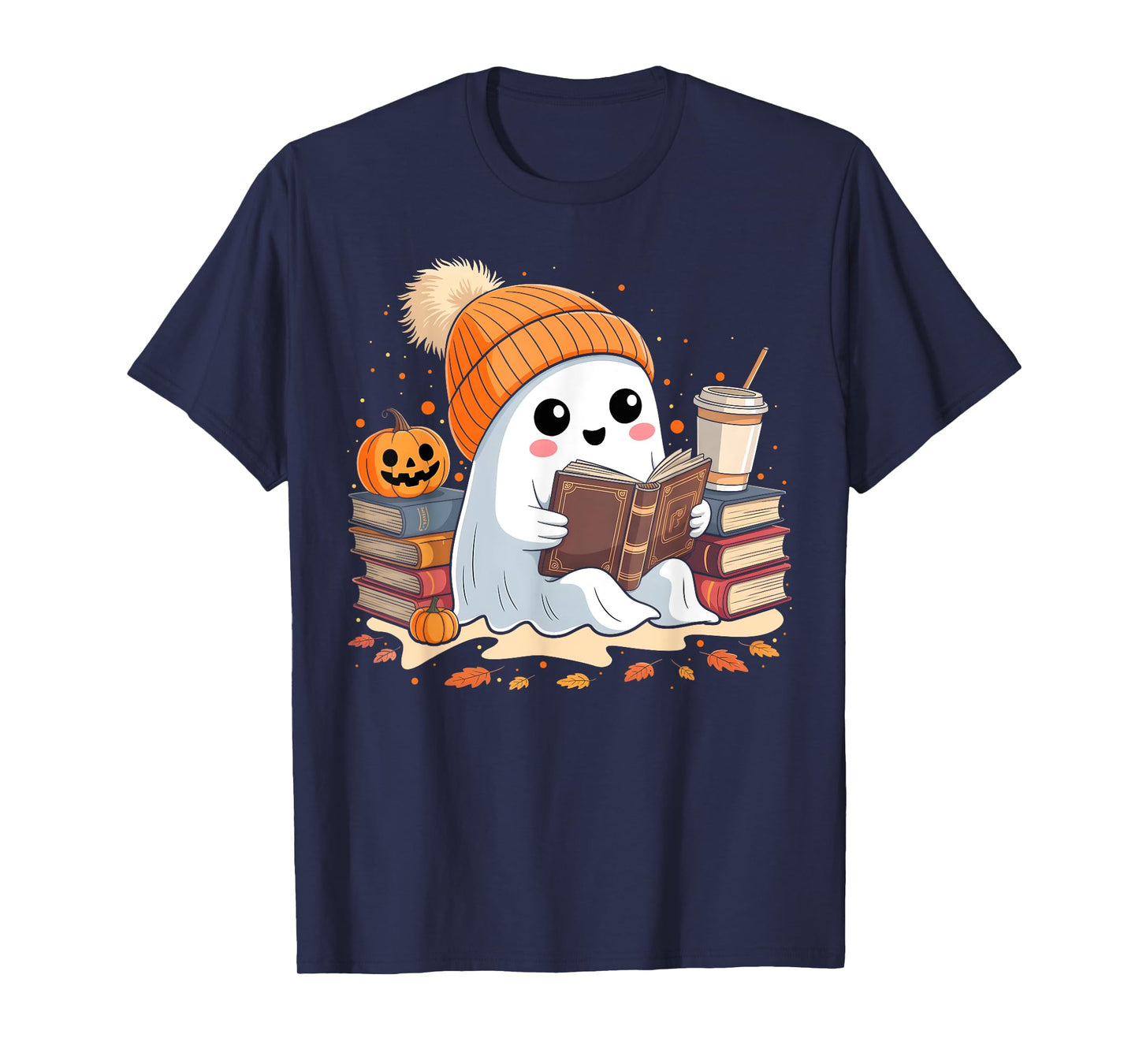 Ghost Reading Book Lovers Halloween Cute Ghost Coffee Women T-Shirt