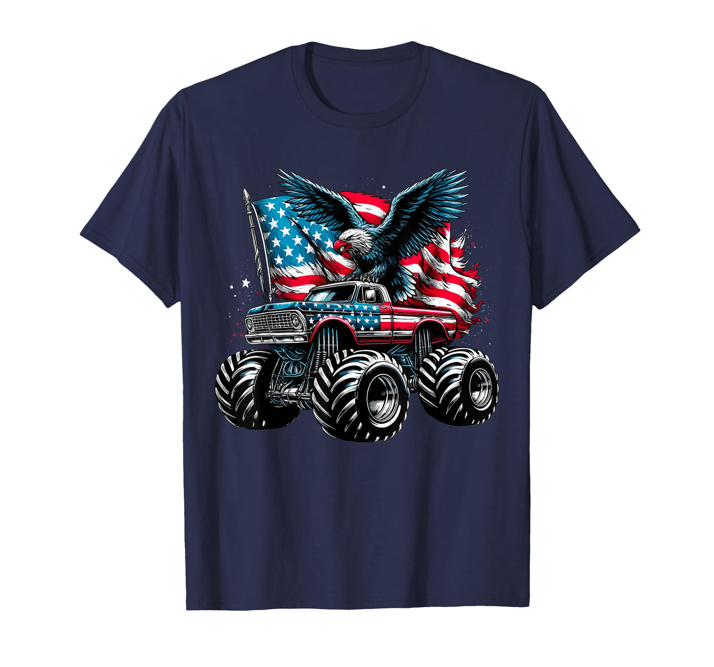 Monster Truck Bald Eagle 4th of July Boys American Flag T-Shirt