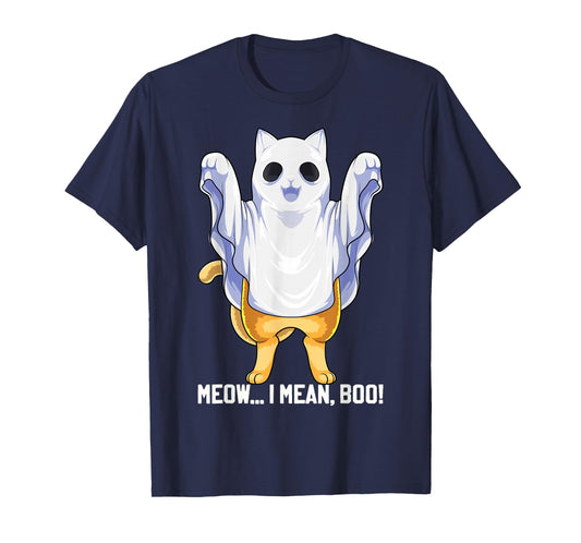 Meow I Mean Boo Ghost Cat Funny Halloween Costume Boys Kids T-Shirt