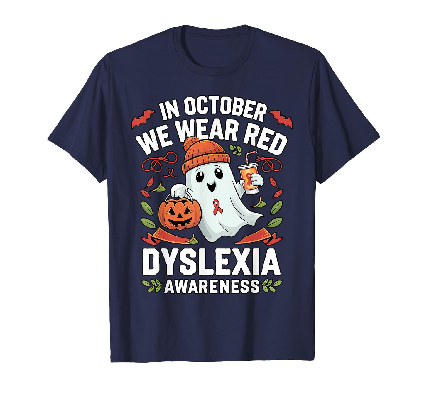 Awareness Ribbon October Wear Red Dyslexia Awareness Ghost T-Shirt