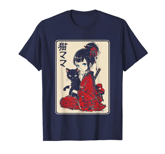 Japanese Gothic Kawaii Anime Samurai Cat Mom Woman Girls T-Shirt