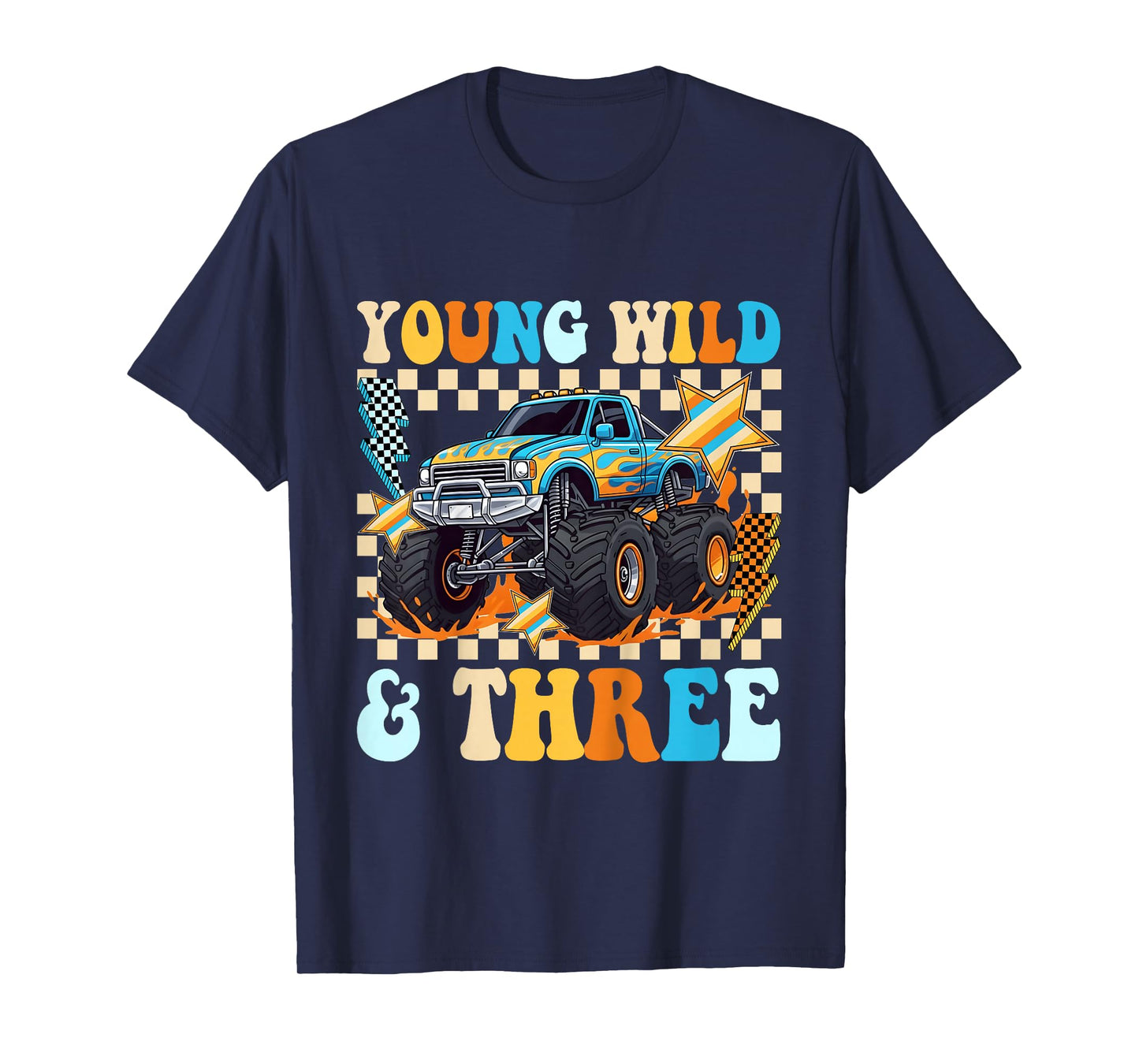 3rd Birthday Monster Truck Young Wild and Three Checkered T-Shirt