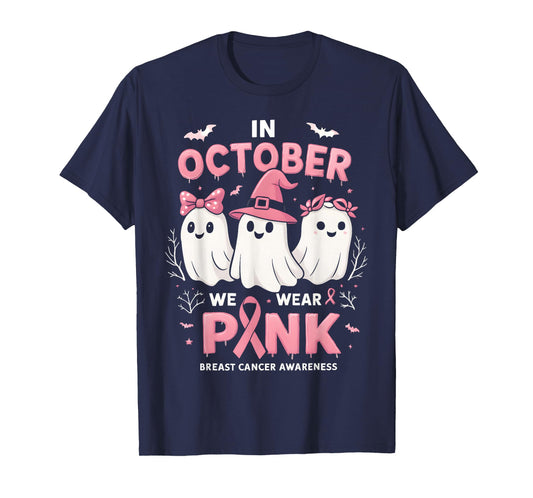 in October We Wear Pink Ghost Halloween Women Breast Cancer T-Shirt