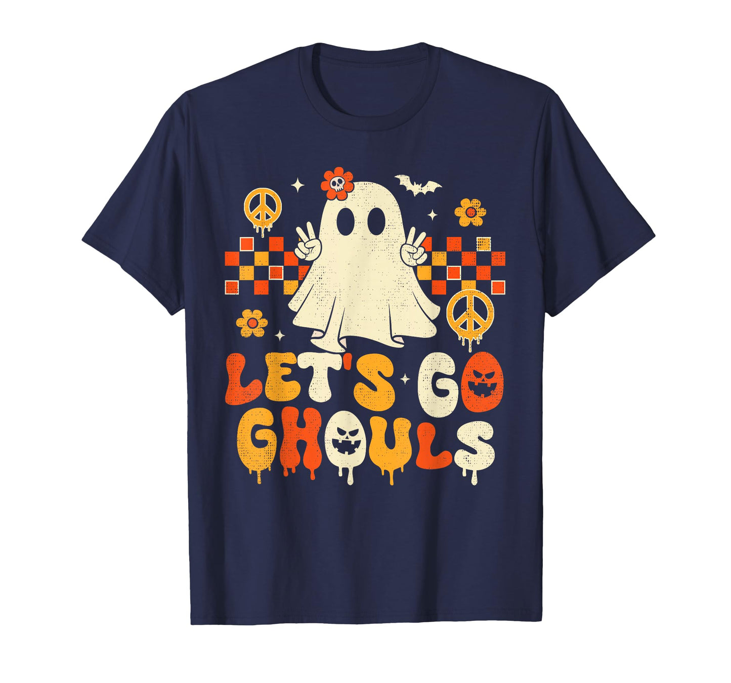 Halloween Lets Go Ghouls Ghost Retro Groovy Women Girl Kids T-Shirt