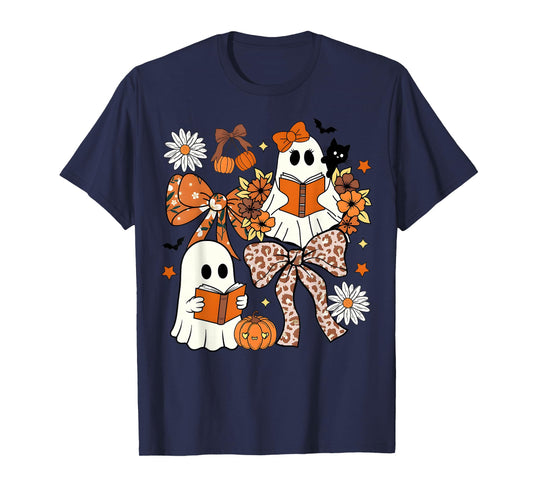 Ghost Reading Books Leopard Pumpkin Coquette Bow Halloween T-Shirt