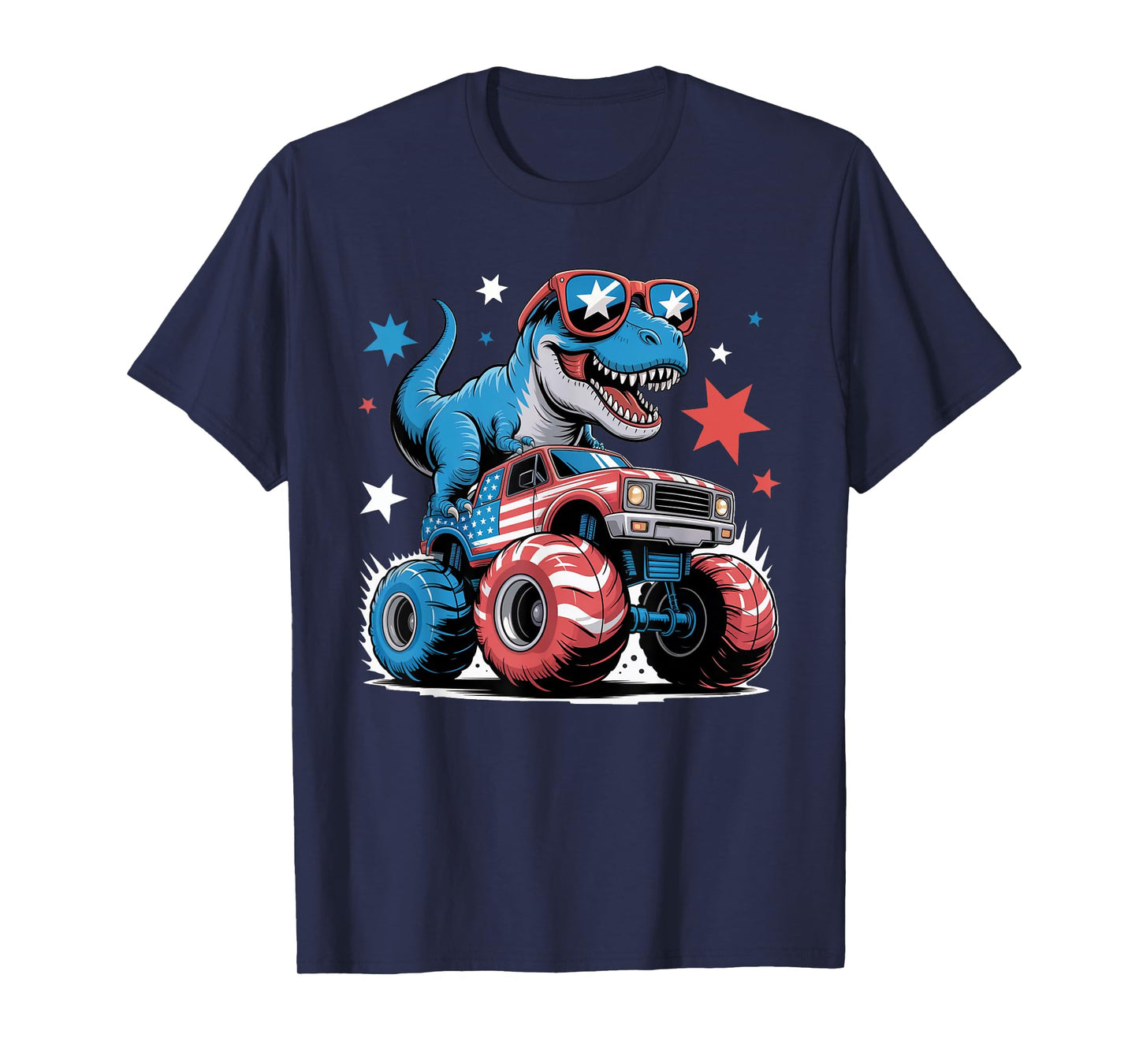 4th of July Patriotic Dinosaur Monster Truck USA Flag kids T-Shirt