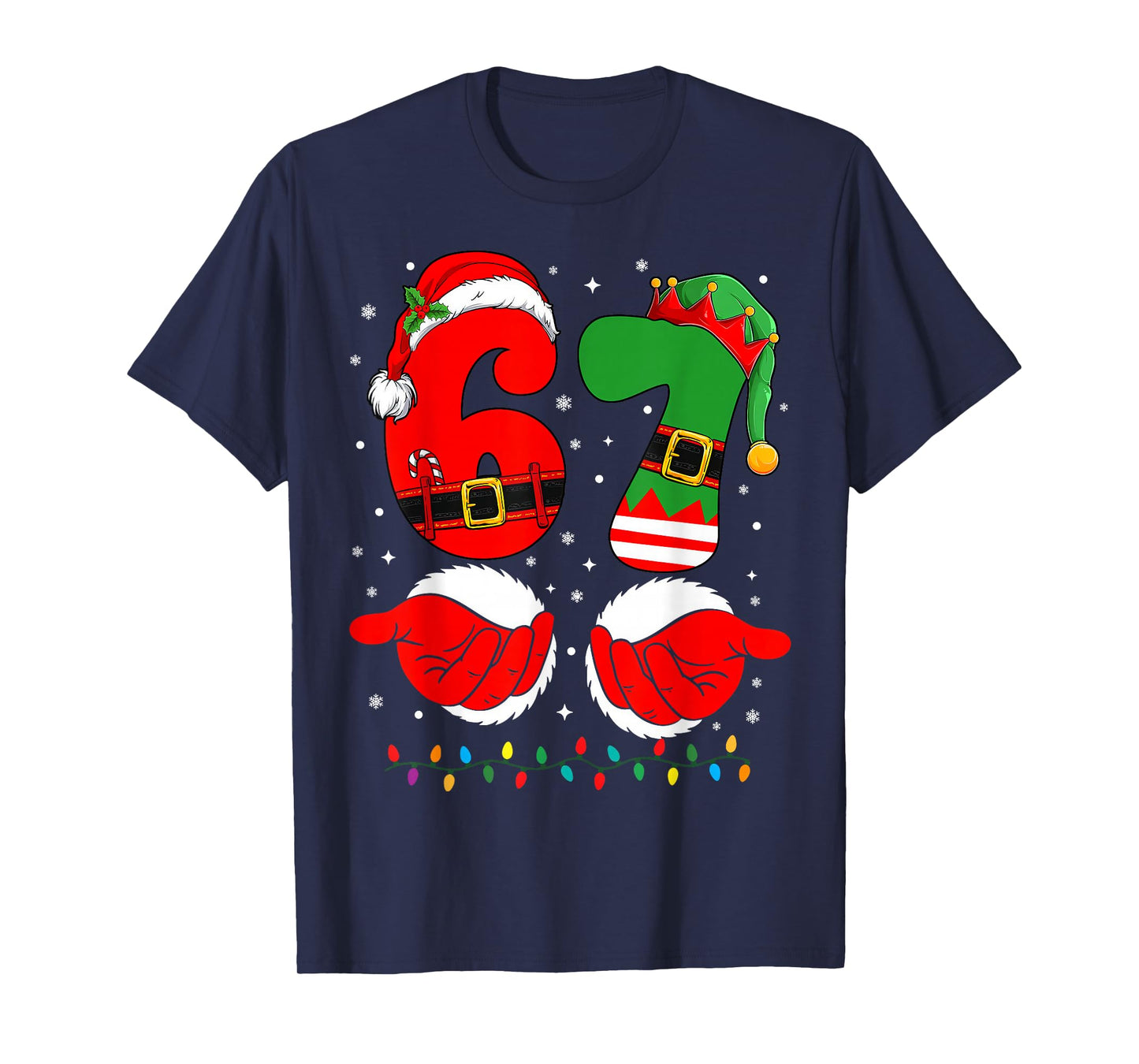 6 7 Six Seven Meme Christmas Santa Hands Elf Xmas Light T-Shirt