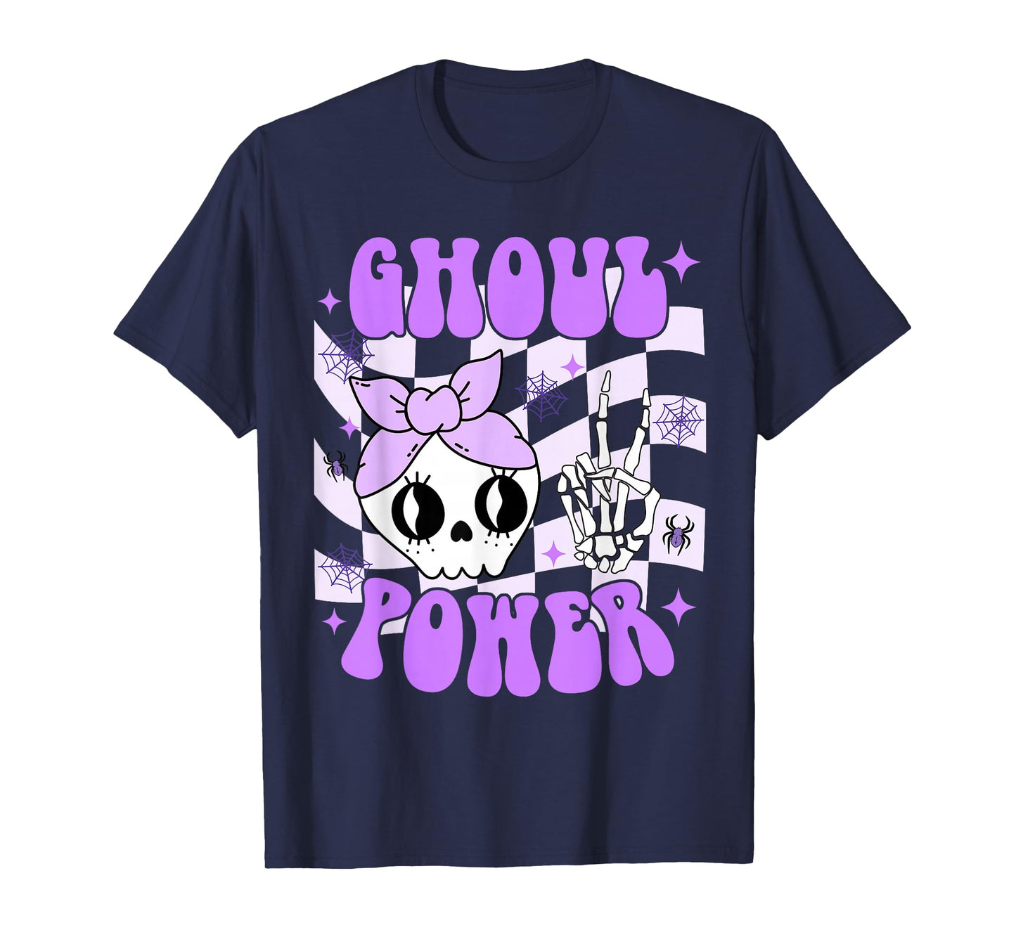 Ghoul Power Halloween Skeleton Peace Hand Checkered Girl Kid T-Shirt