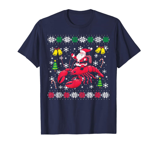 Christmas Santa On Lobster Ugly Xmas Crayfish Men Women Kids T-Shirt