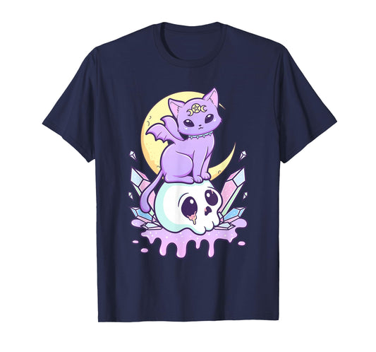 Kawaii Pastel Goth Cute Scary Witchy Cat and Skull T-Shirt