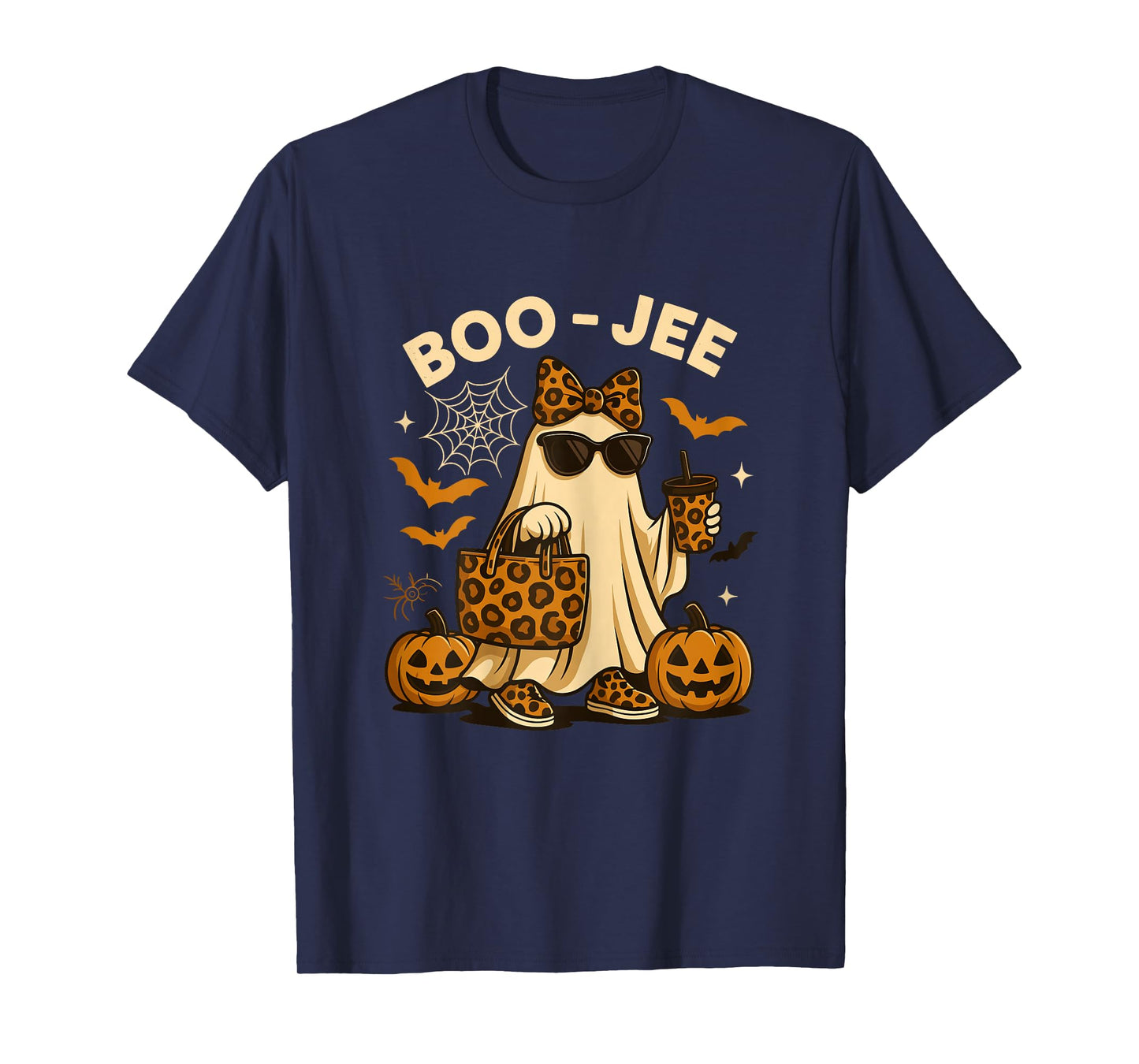 Halloween Shirts for Women Leopard Boo JEE Ghost with Coffee T-Shirt