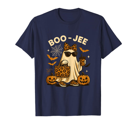 Halloween Shirts for Women Leopard Boo JEE Ghost with Coffee T-Shirt