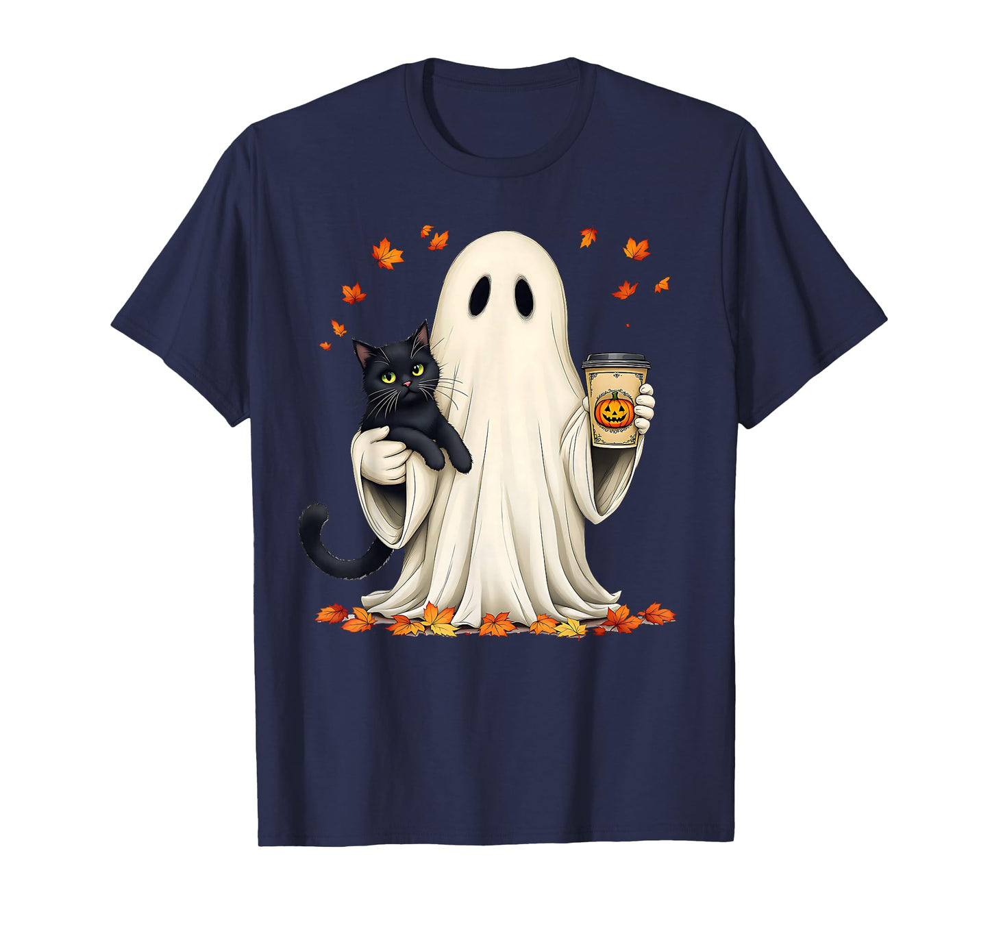 Ghost Holding a Cat with Pumpkin Coffee Halloween & Autumn T-Shirt