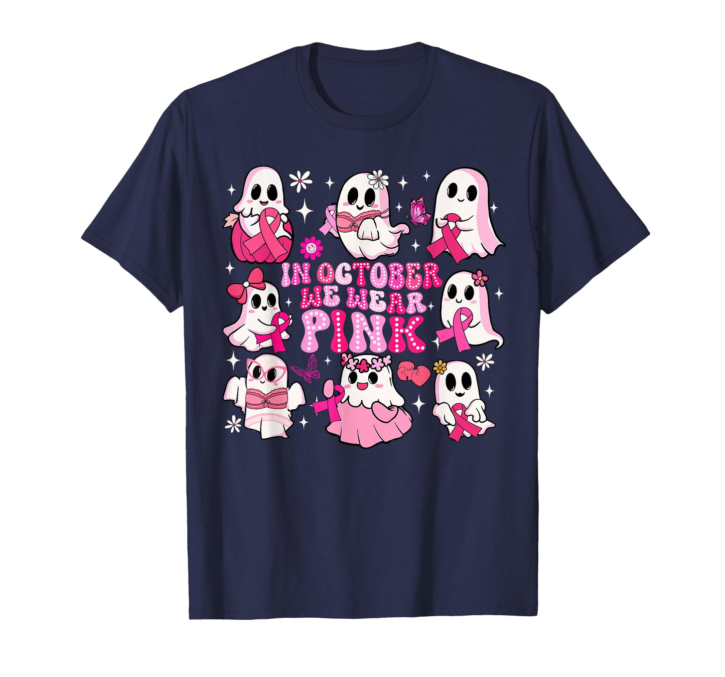 In October We Wear Pink Funny Ghost Breast Cancer Awareness T-Shirt