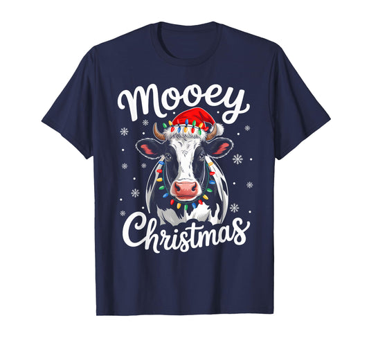 Mooey Christmas Lights Santa Hat Xmas Pajamas Cow Lover T-Shirt