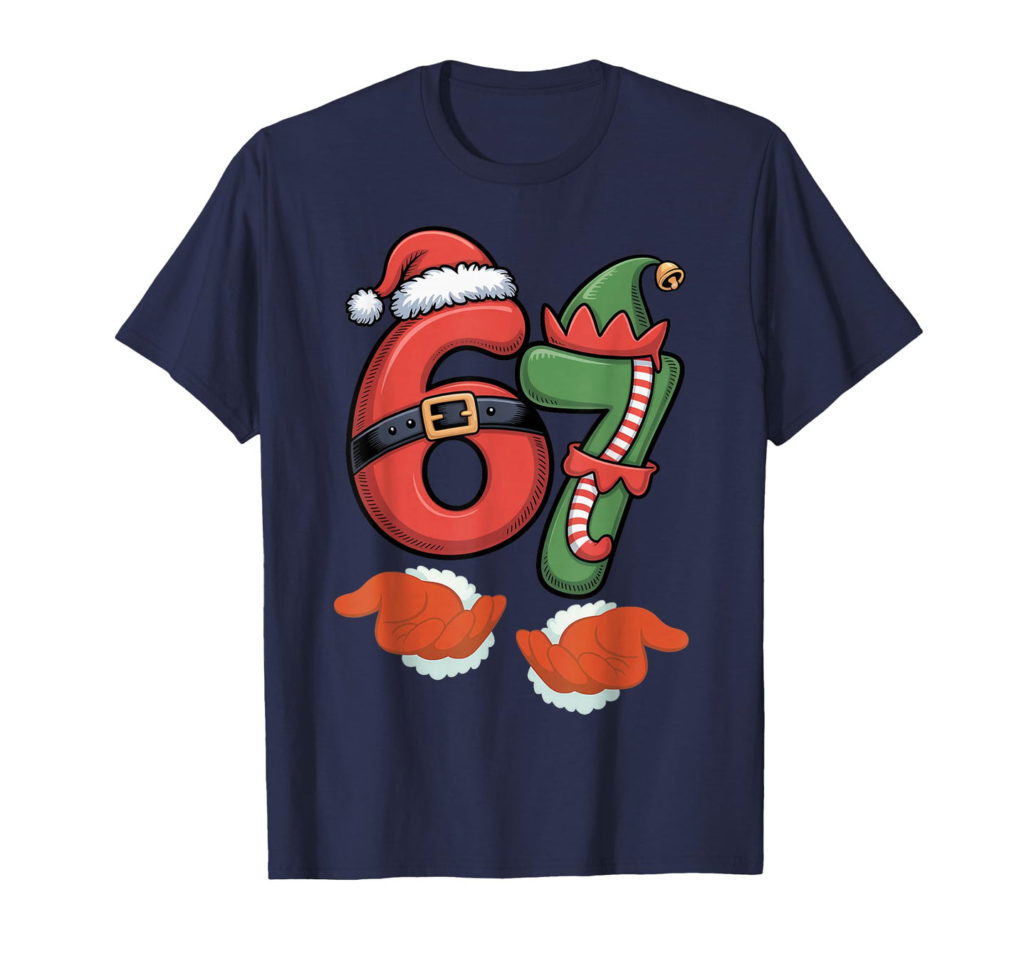 Viral 67 Christmas 67 Meme Santa Elf - SIX Seven Santa Hand T-Shirt