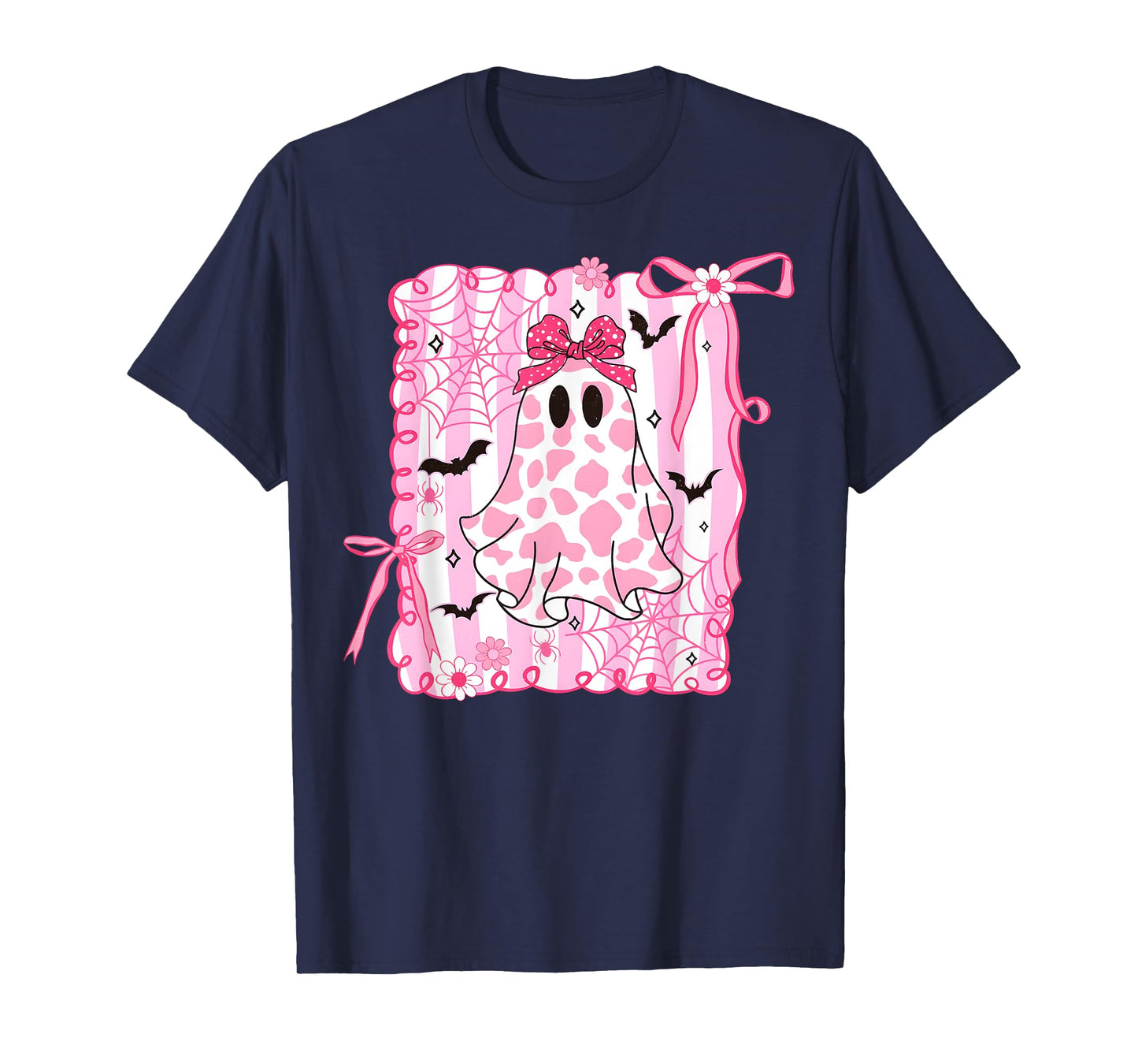 Cute Ghost Coquette Pink Bow Cow Print Halloween Spooky T-Shirt
