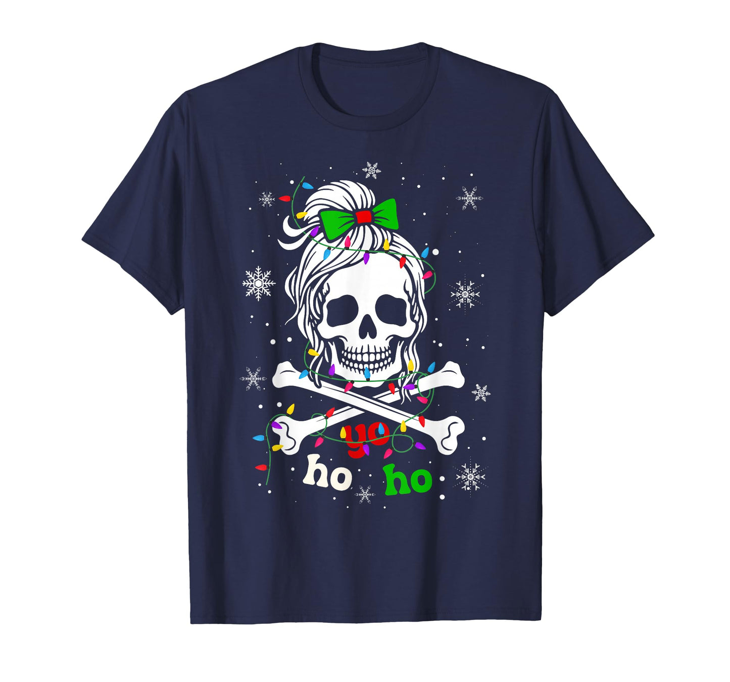 Yo Ho Ho Messy Bun Skeleton Skull Christmas Girls Women Xmas T-Shirt
