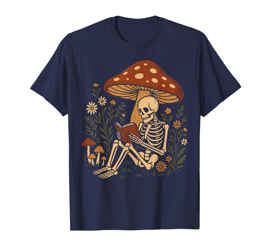 Cottagecore Aesthetic Floral Mushroom Skeleton Reading Books T-Shirt